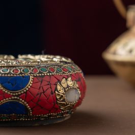 Indian Home Decor | Handcrafted Wooden Brass Ashtray – Mosaic & Gemstone Inlay